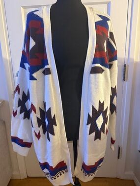Lucky Brand Cream Cardigan with Blue, Red, and Brown Aztec Pattern